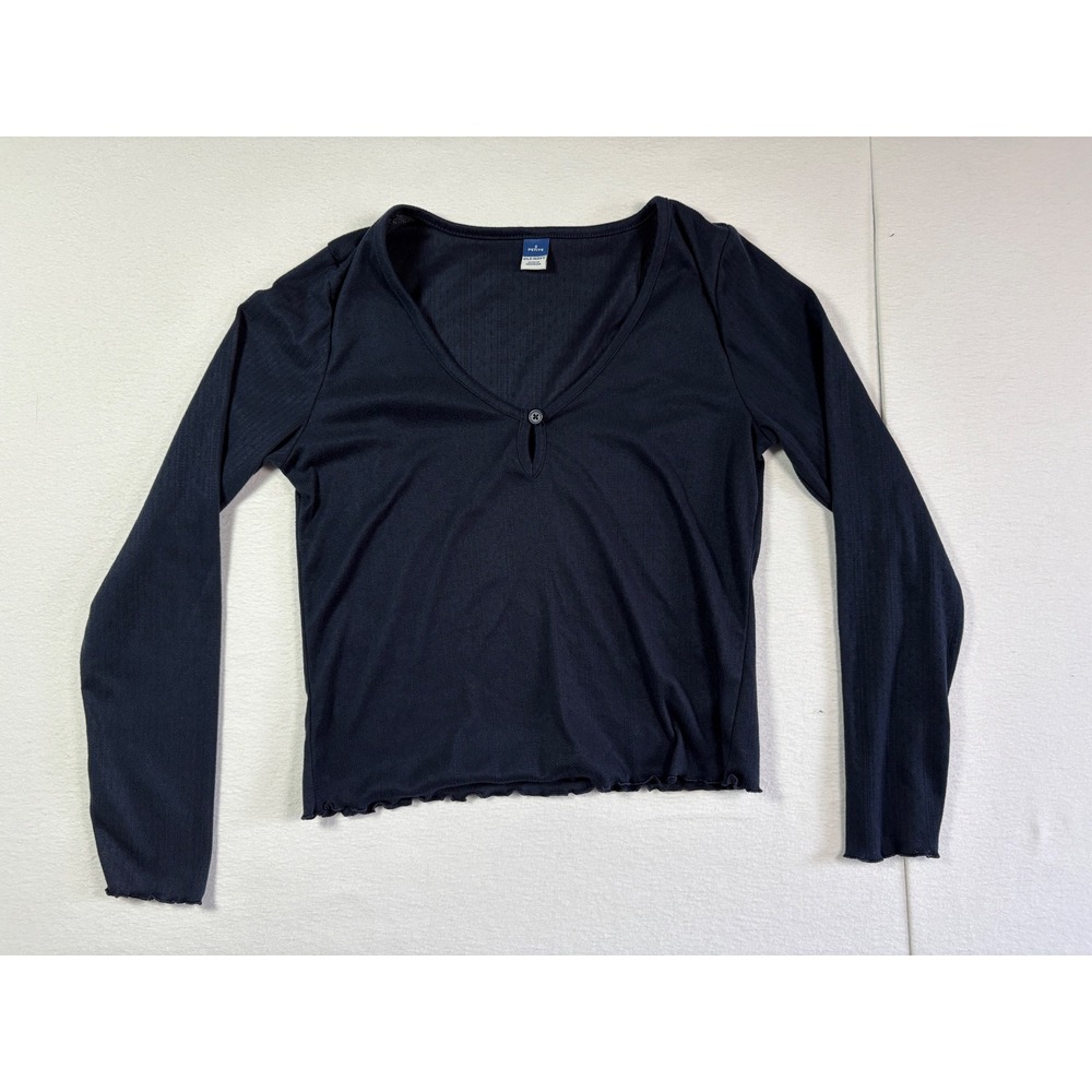 Old Navy Womens Small Petite Navy Blue V Neck Lettuce Hem Long Sleeve Ribbed Top